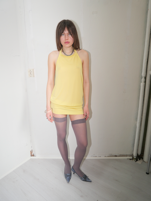 s0126 neon yellow mini dress with dropped waist