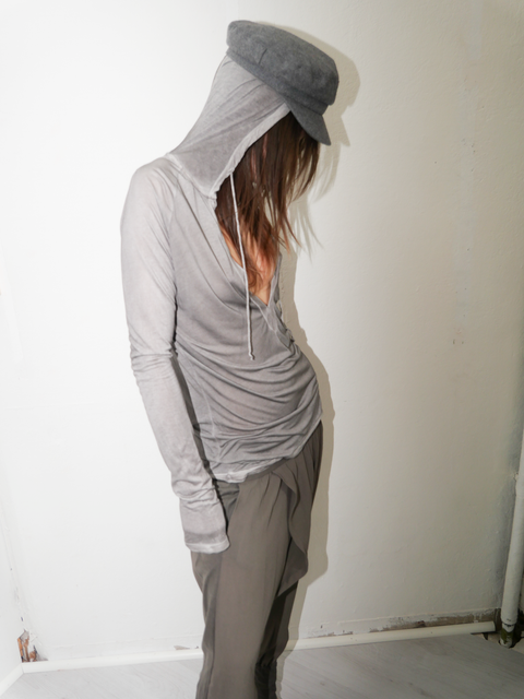 s0109 grey draped silk hood top