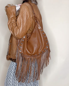 Studded Italian leather fringe boho bag