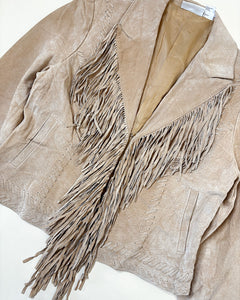 Fitted hook and eye suede fringe jacket