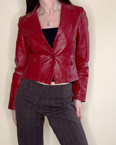 Cherry red fitted leather jacket