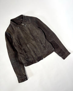 Double zipper worn brown suede jacket