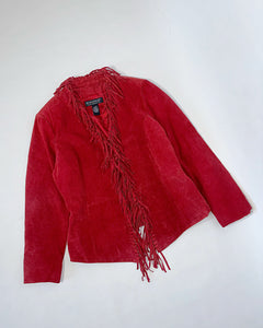 Red fitted hook and eye fringe suede jacket