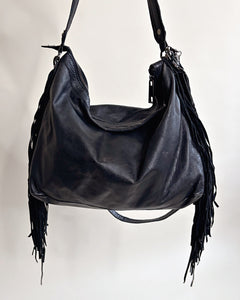 Fringe black leather boho bag