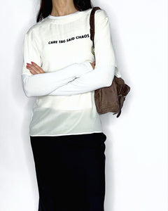 “Care tag said chaos” Upcycled stained silk boxy tee