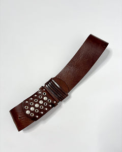 Studded buckle wide leather belt