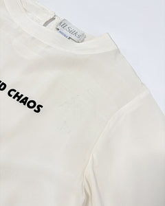 “Care tag said chaos” Upcycled stained silk boxy tee
