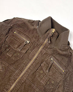 Corduroy studded utility bomber jacket with patches