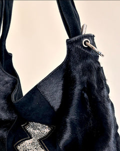 Pony hair & sequins suede bag