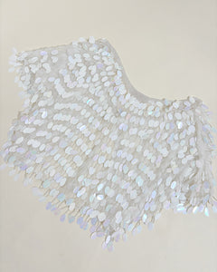 Cascading sequins & pearls silk top