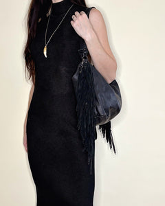 Fringe black leather boho bag