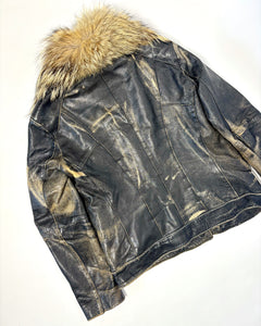 Asymmetric buttoning fur collar leather jacket