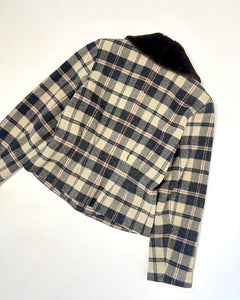 Plaid peplum wool jacket with fur collar