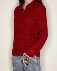 Cherry red wool zip up cardi