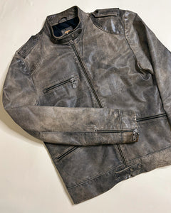 Worn leather biker jacket