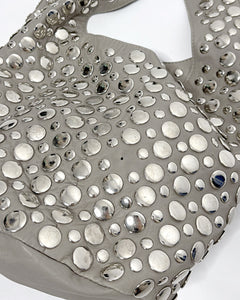 Studded leather wide hobo bag