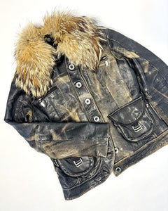 Asymmetric buttoning fur collar leather jacket