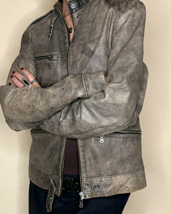 Worn leather biker jacket