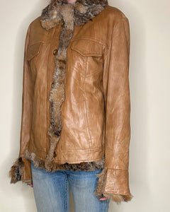 Fur trim asymmetric leather jacket