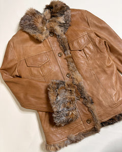 Fur trim asymmetric leather jacket