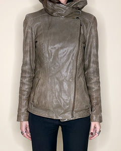 Hooded high neck buttery leather jacket