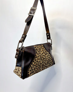 Leopard pony hair leather baguette bag