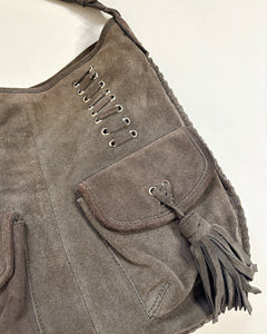 Suede fringe lace up boho bag