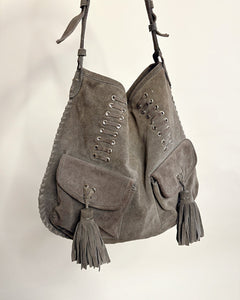 Suede fringe lace up boho bag