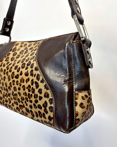 Leopard pony hair leather baguette bag