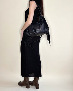 Fringe black leather boho bag