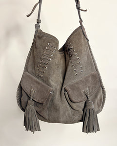 Suede fringe lace up boho bag