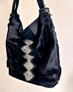 Pony hair & sequins suede bag