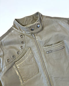Grommet studded khaki leather moto jacket