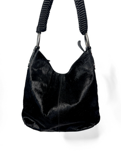Pony hair hobo bag with nylon braided handle