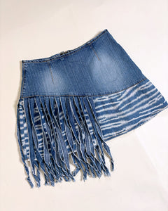 Asymmetric fringe denim mini skirt