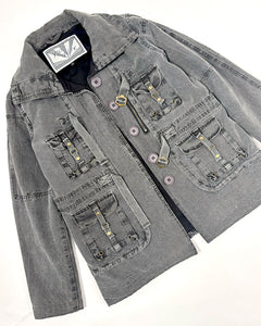 Distressed high neck collar jacket with military style studs & buckles