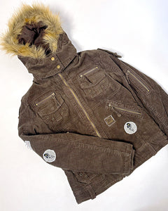 Corduroy studded utility bomber jacket with patches