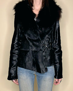 Pony hair asymmetric leather jacket