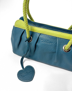 Turquoise & lime leather baguette bag