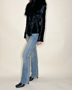 Pony hair asymmetric leather jacket