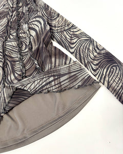 Zebra swirl ruffle mesh long sleeve top