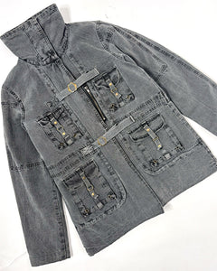 Distressed high neck collar jacket with military style studs & buckles