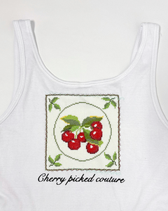 “Cherry picking couture” Cross stitch upcycle tank top