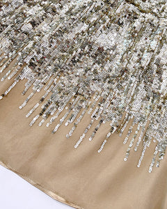 Sequined dropped waist draped silk mini dress