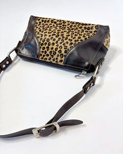 Leopard pony hair leather baguette bag