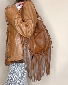 Studded Italian leather fringe boho bag