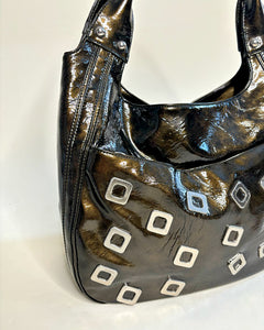 Studded olive patent leather bag