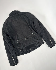 Layered faded black fitted jacket with asymmetric buttoning
