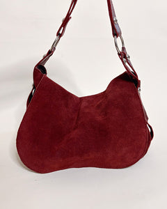 Cherry red studded suede bag