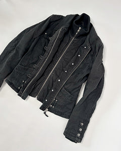 Layered faded black fitted jacket with asymmetric buttoning